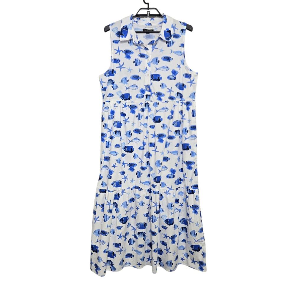 Rachel Zoe Blue White Fish Print Long Dress Size X-Large Sleeveless Collared